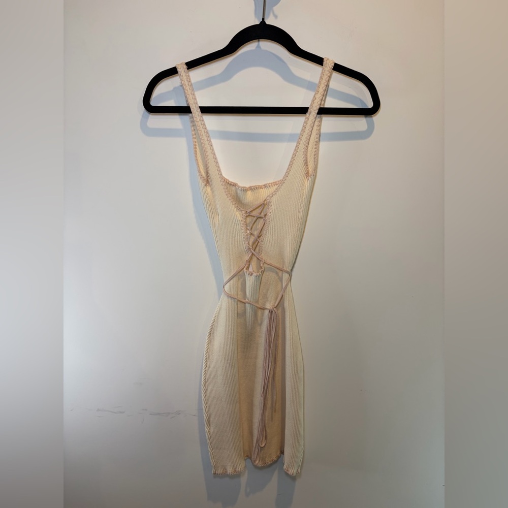 Another Girl Sleeveless Lace-Up‎ Mini Dress in Light Cream
